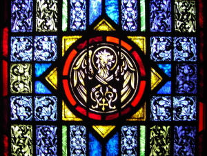 Stained Glass Window of Evangelist's Symbol for Matthew - St. Ignatius Parish, San Francisco